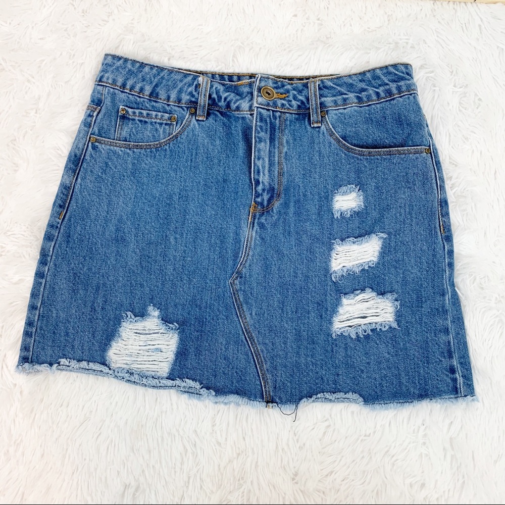 A loves A raw hem distressed denim‎ a line skirt